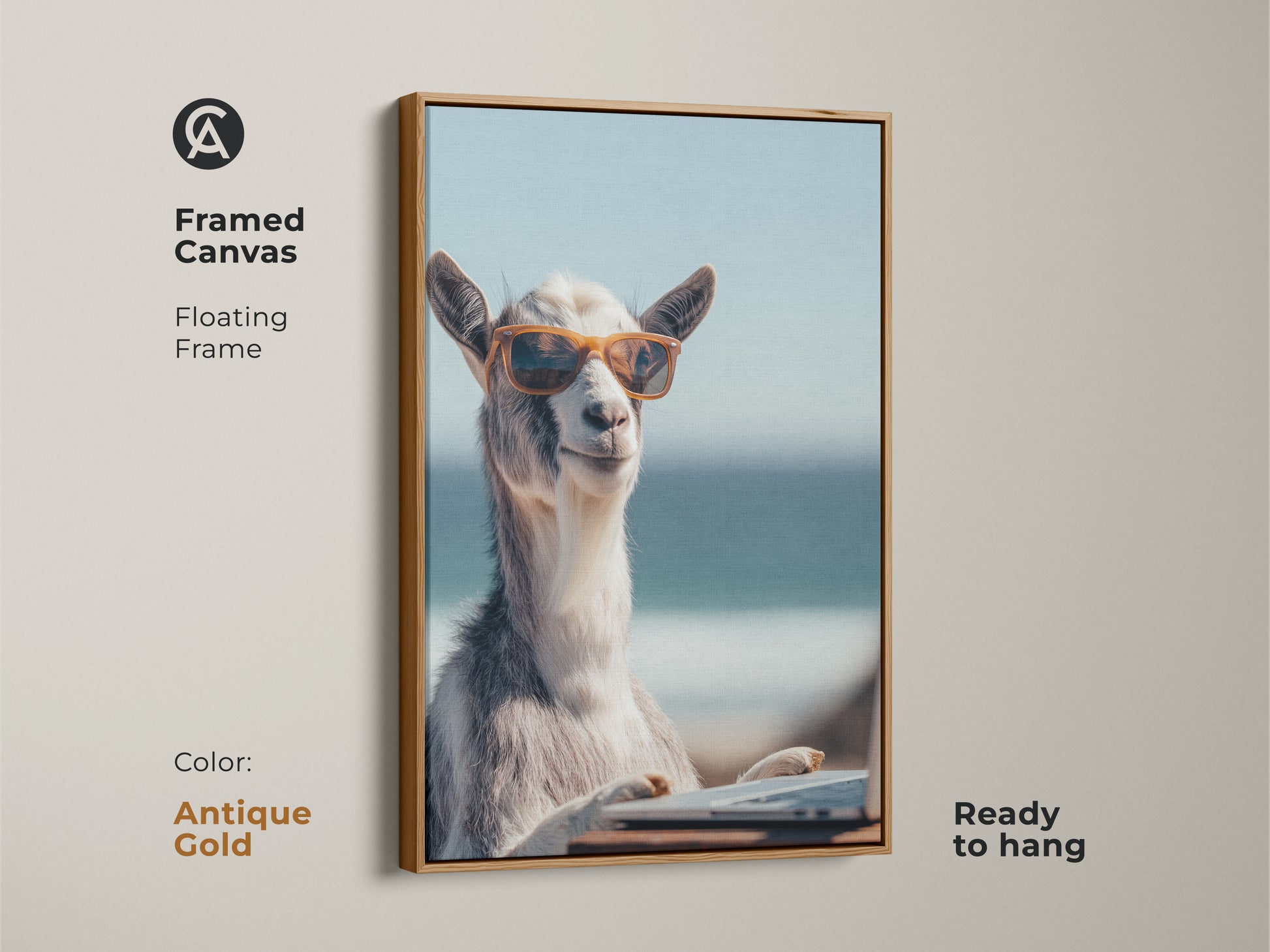 Framed canvas with an antique gold floating frame displaying goat art. The tan and light blue artwork is perfect for eclectic home styles. Humorous animal portrait for any space.
