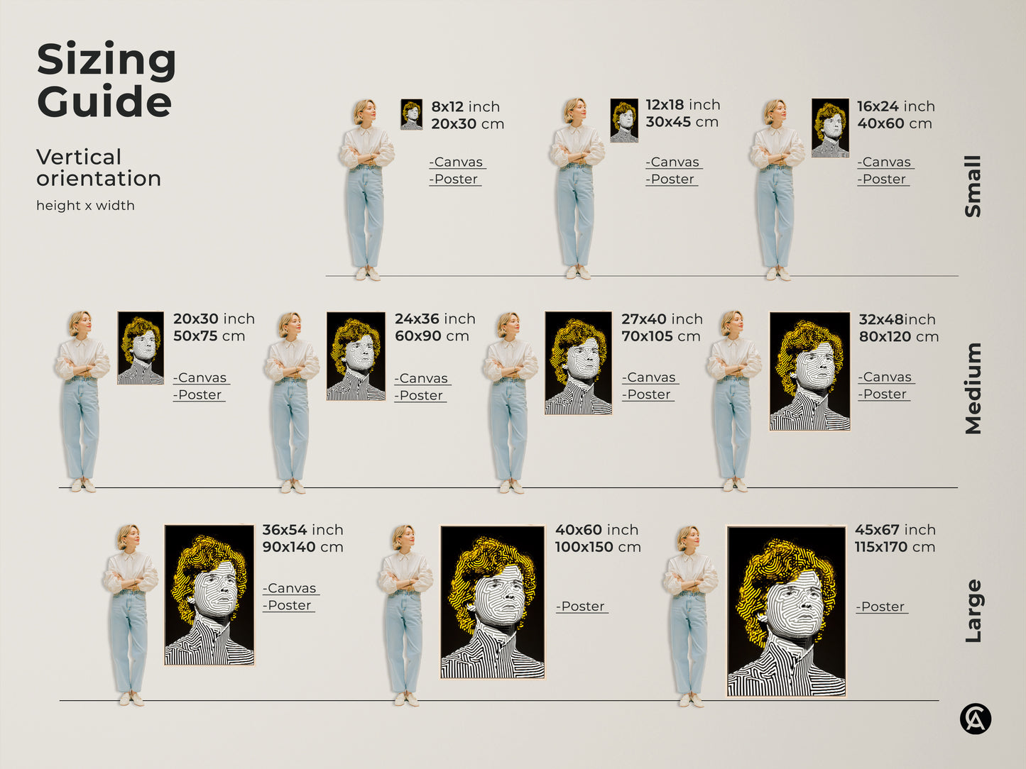Sizing guide for vertical portrait art. Options include canvas and poster. Sizes range from small to large. The portrait features a person with striped line art and yellow hair. Find the perfect fit for your space.