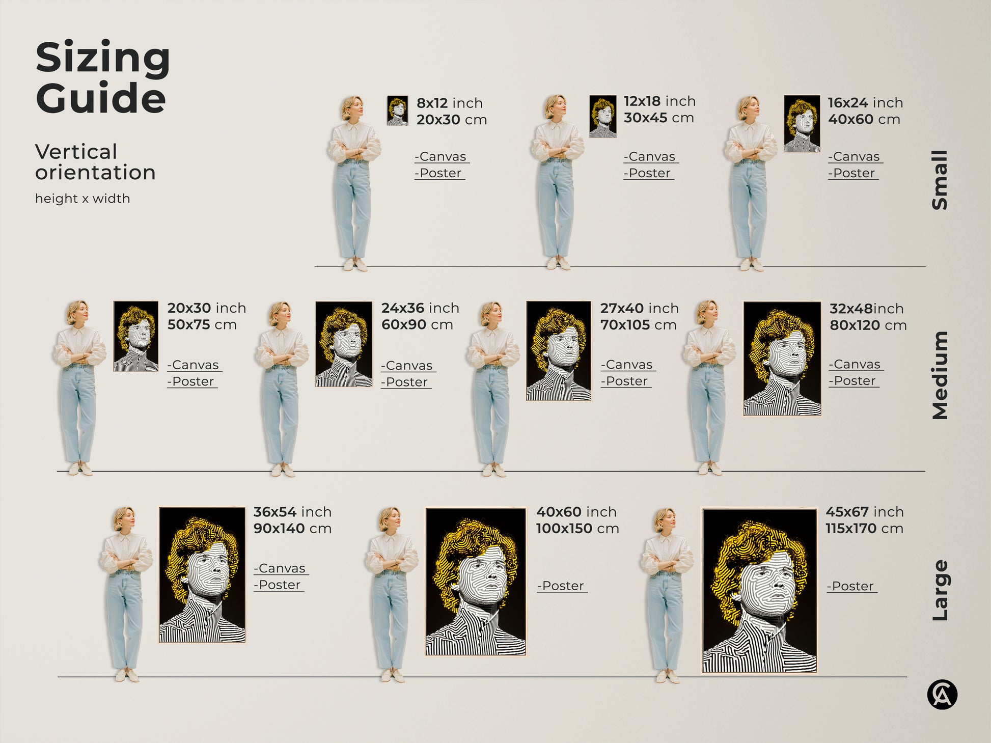 Sizing guide for vertical portrait art. Options include canvas and poster. Sizes range from small to large. The portrait features a person with striped line art and yellow hair. Find the perfect fit for your space.