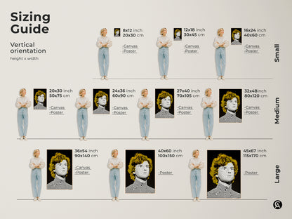 Sizing guide for vertical portrait art. Options include canvas and poster. Sizes range from small to large. The portrait features a person with striped line art and yellow hair. Find the perfect fit for your space.