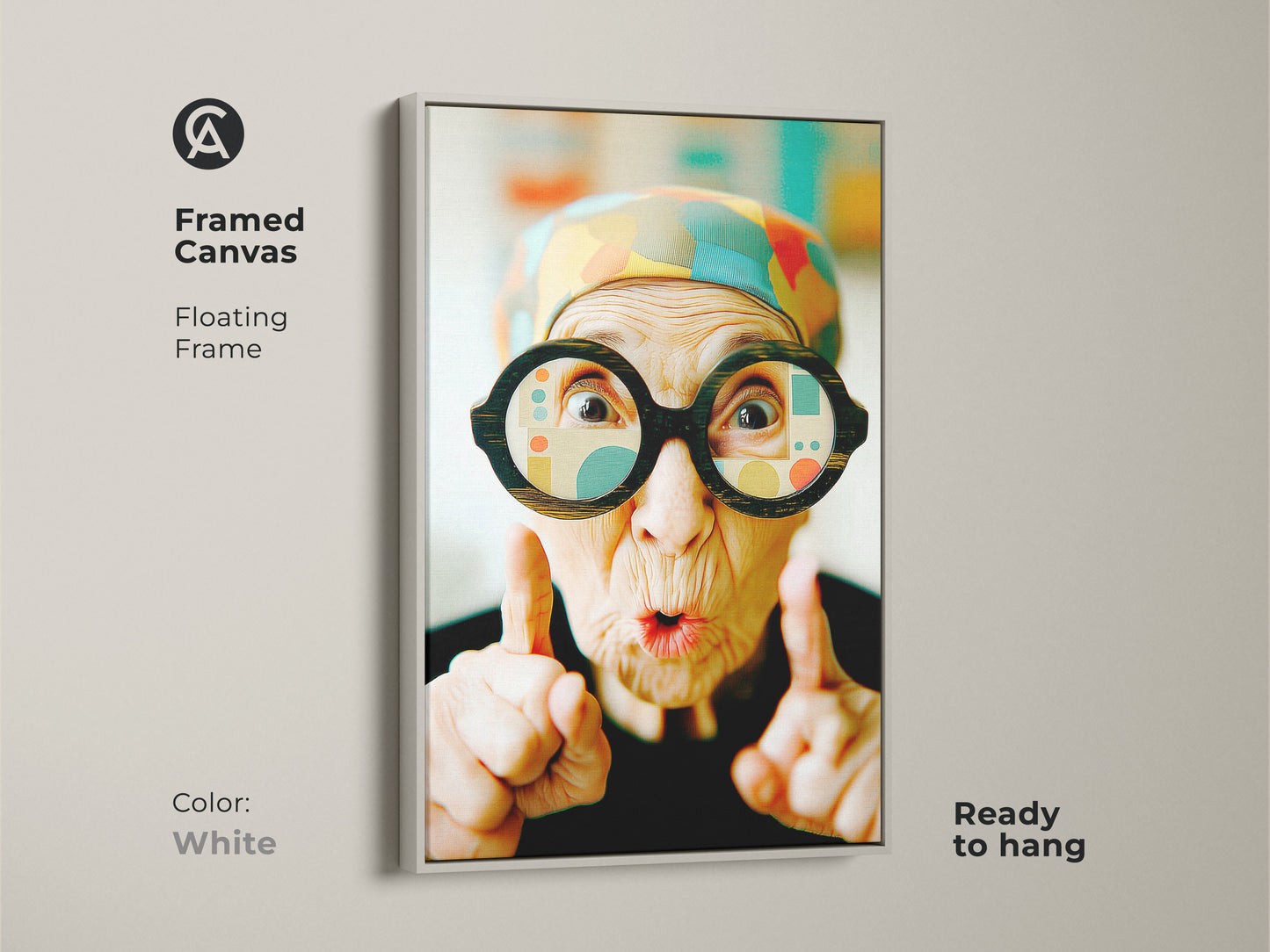 White framed canvas featuring an elderly woman with fun glasses. The art uses a floating frame and is ready to hang. It is a clean and modern wall art. This artwork complements any interior style. Discover framed art for your home.