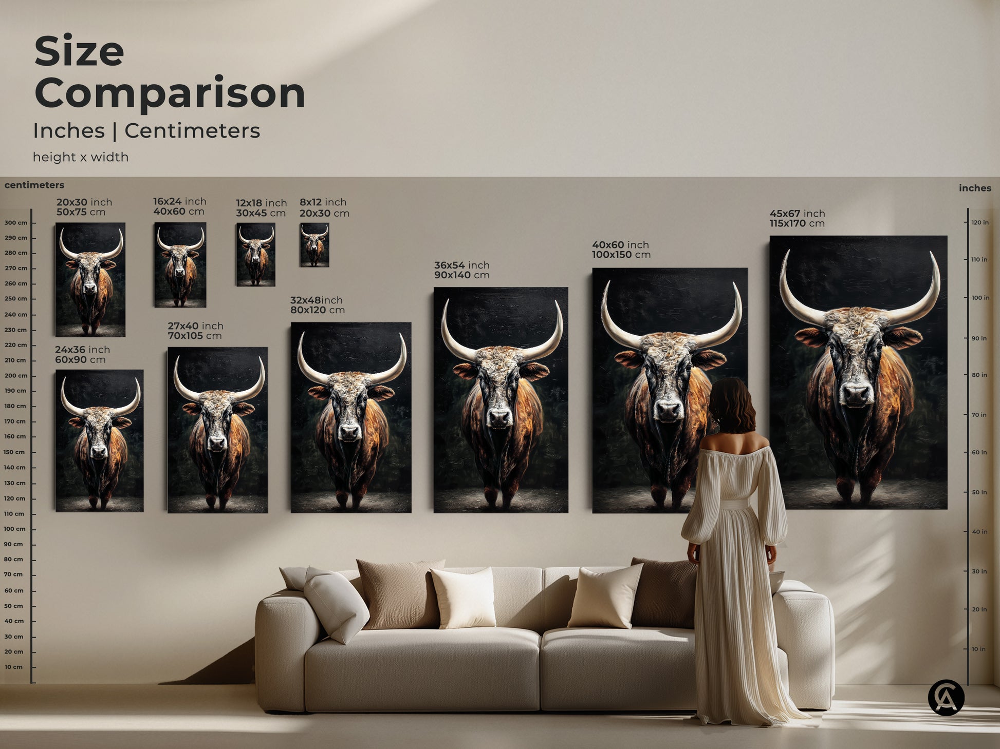 Compare sizes of this rustic bull art in inches and centimeters. The size comparison showcases the animal wall art in various dimensions. From small to large find the perfect fit. This farmhouse wall decor is ideal for any room. The brown and tan tones add warmth. A Texas Longhorn print that impresses.