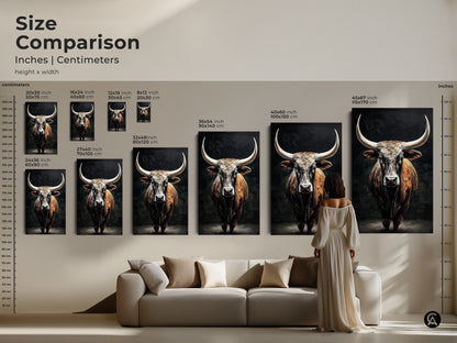 Compare sizes of this rustic bull art in inches and centimeters. The size comparison showcases the animal wall art in various dimensions. From small to large find the perfect fit. This farmhouse wall decor is ideal for any room. The brown and tan tones add warmth. A Texas Longhorn print that impresses.
