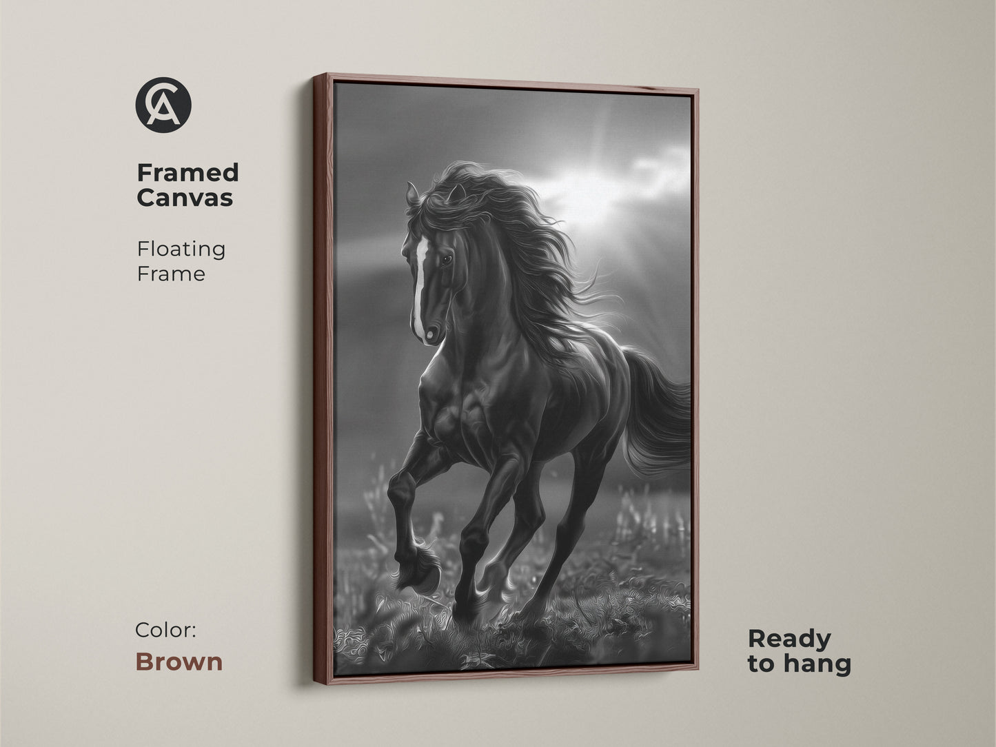 Brown framed canvas of black and white horse art. The horse is running in a field with sun rays in the background. The canvas has a floating frame and is ready to hang. Horse artwork for your home.