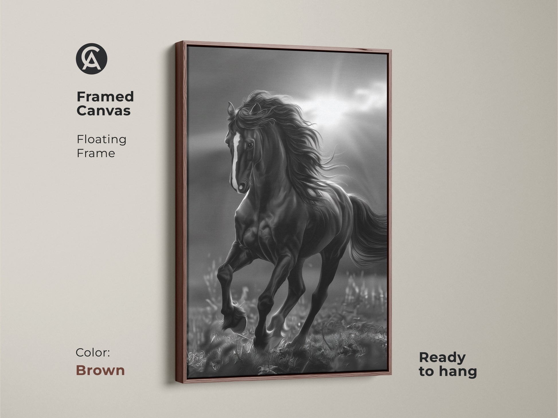 Brown framed canvas of black and white horse art. The horse is running in a field with sun rays in the background. The canvas has a floating frame and is ready to hang. Horse artwork for your home.
