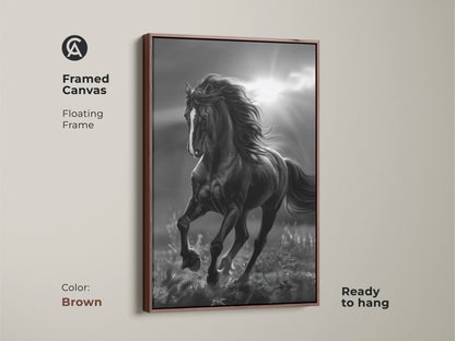 Brown framed canvas of black and white horse art. The horse is running in a field with sun rays in the background. The canvas has a floating frame and is ready to hang. Horse artwork for your home.