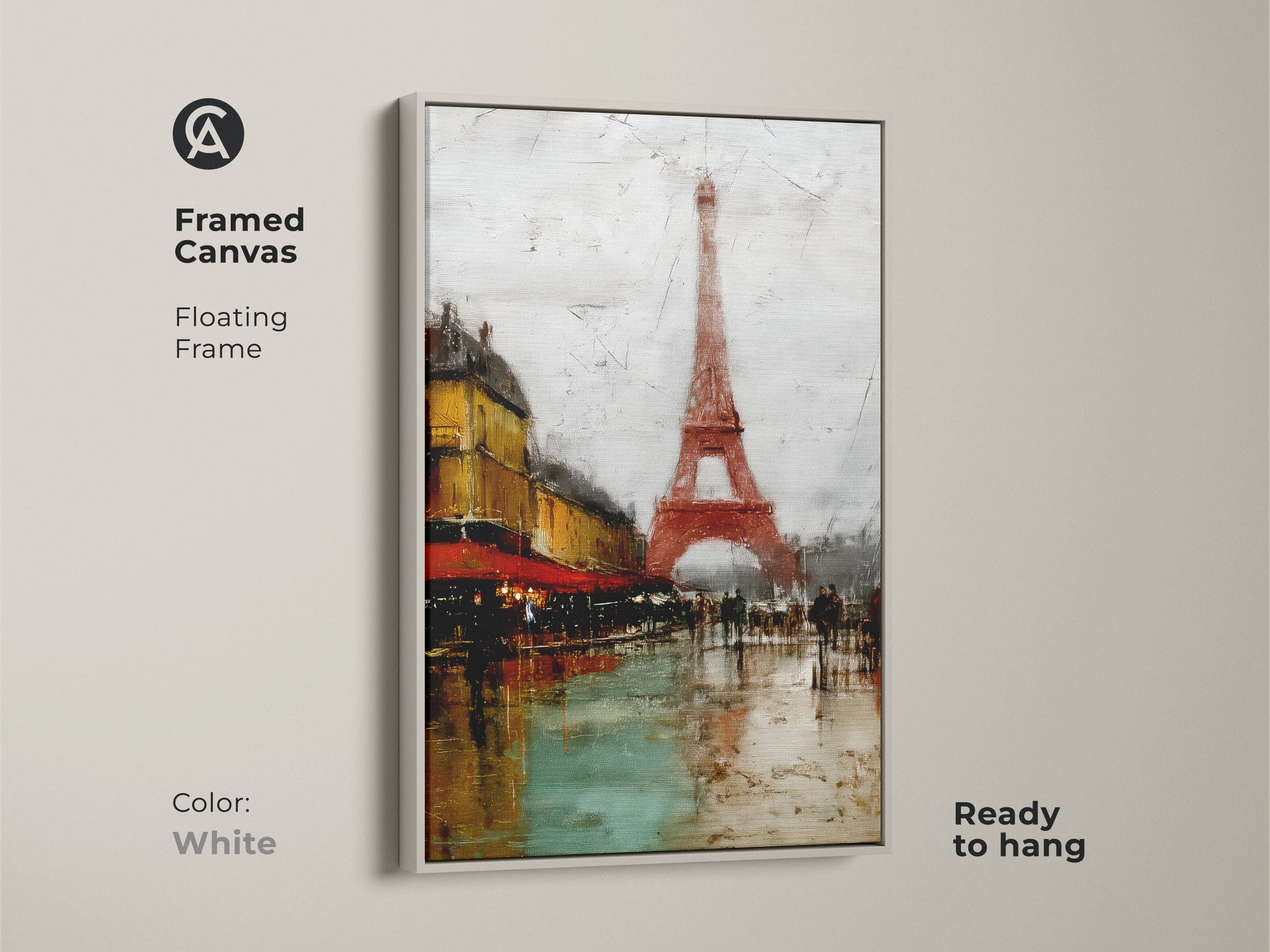 Framed Canvas with a White Floating Frame depicting a Parisian scene with the Eiffel Tower and cafe. This terracotta artwork offers a contemporary art for living room decor. Ready to hang it adds French charm to your space. A beautiful cityscape art for the bedroom.