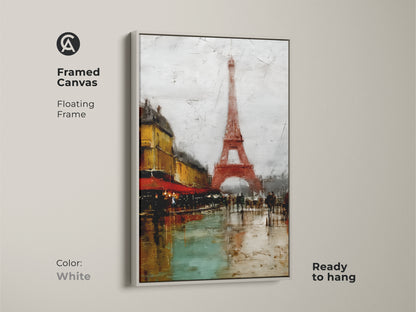 Framed Canvas with a White Floating Frame depicting a Parisian scene with the Eiffel Tower and cafe. This terracotta artwork offers a contemporary art for living room decor. Ready to hang it adds French charm to your space. A beautiful cityscape art for the bedroom.