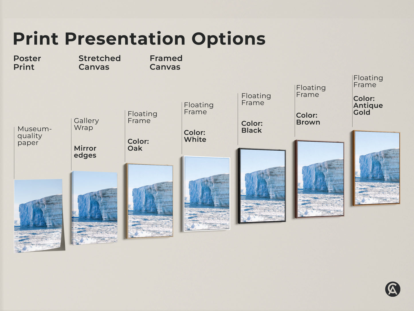 Print presentation options for minimalist iceberg wall art. Choose from poster prints stretched canvas or framed canvas. Floating frames are available in white black brown and antique gold for a modern look.