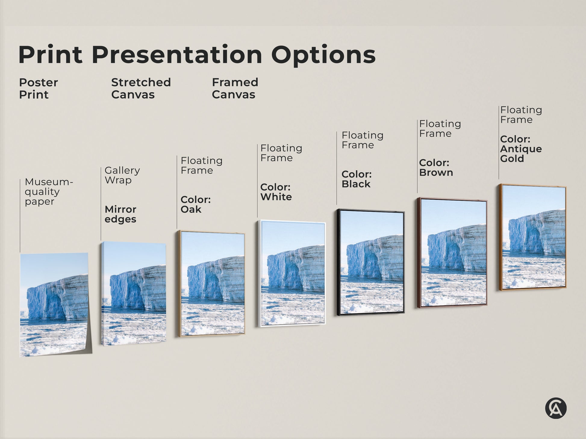Print presentation options for minimalist iceberg wall art. Choose from poster prints stretched canvas or framed canvas. Floating frames are available in white black brown and antique gold for a modern look.