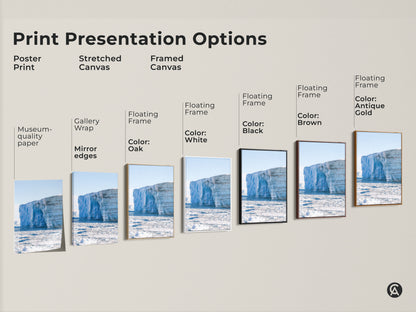 Print presentation options for minimalist iceberg wall art. Choose from poster prints stretched canvas or framed canvas. Floating frames are available in white black brown and antique gold for a modern look.