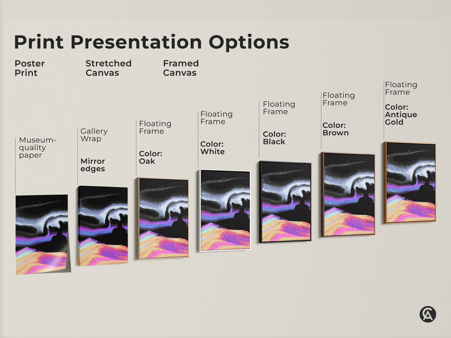 Print presentation options for abstract glitch art. Choose from poster print stretched canvas or framed canvas. Each option showcases the surreal landscape and vaporwave digital artwork. Select the perfect wall art for your bedroom or as a unique sci-fi fan gift.