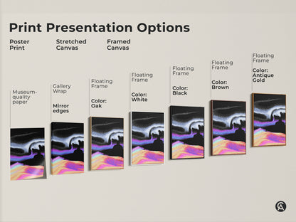 Print presentation options for abstract glitch art. Choose from poster print stretched canvas or framed canvas. Each option showcases the surreal landscape and vaporwave digital artwork. Select the perfect wall art for your bedroom or as a unique sci-fi fan gift.
