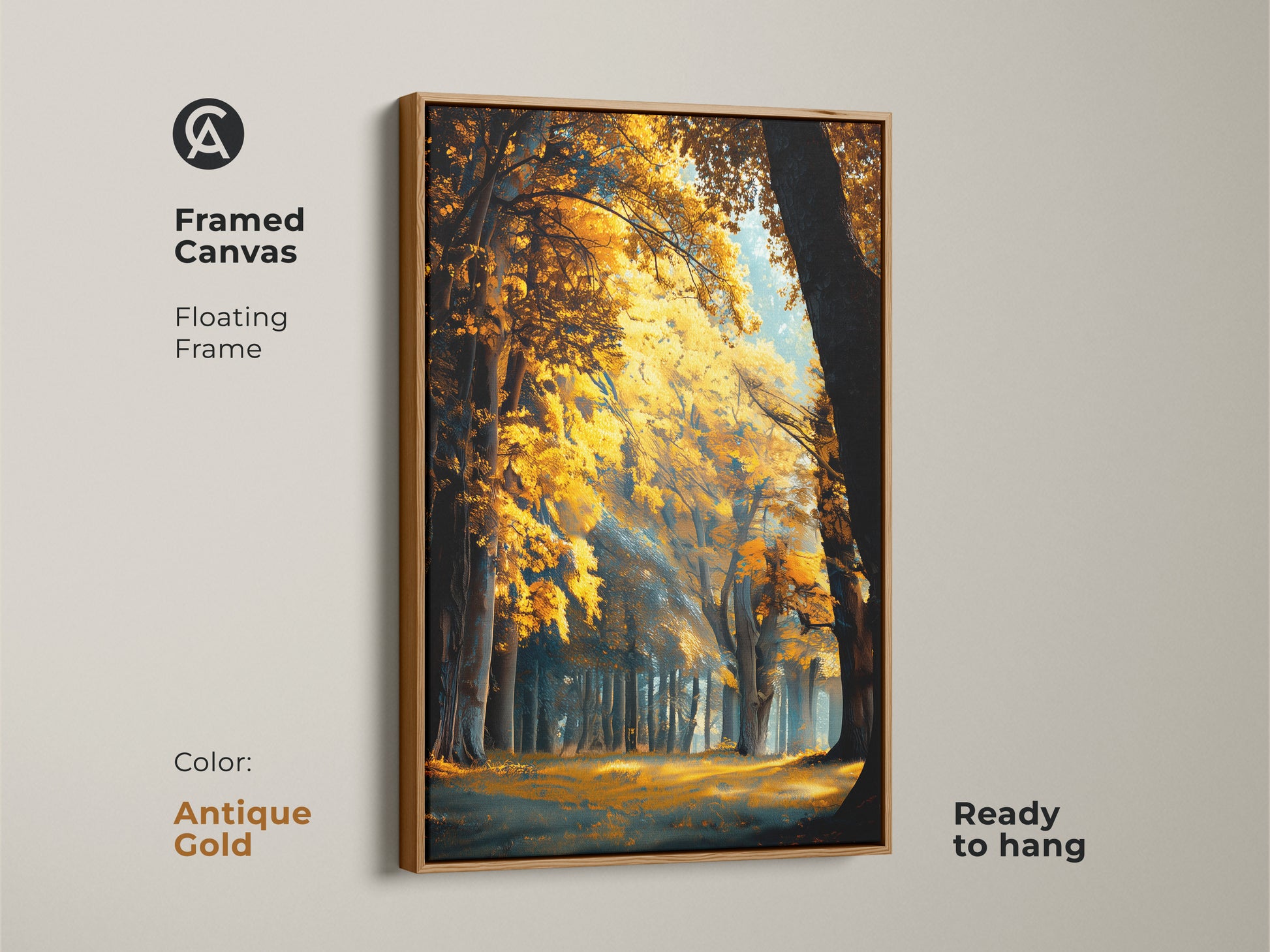 Autumn forest landscape in a framed canvas. Antique gold floating frame enhances the artwork. This piece is ready to hang. Add warmth and beauty to your walls.