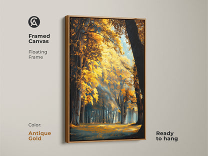 Autumn forest landscape in a framed canvas. Antique gold floating frame enhances the artwork. This piece is ready to hang. Add warmth and beauty to your walls.