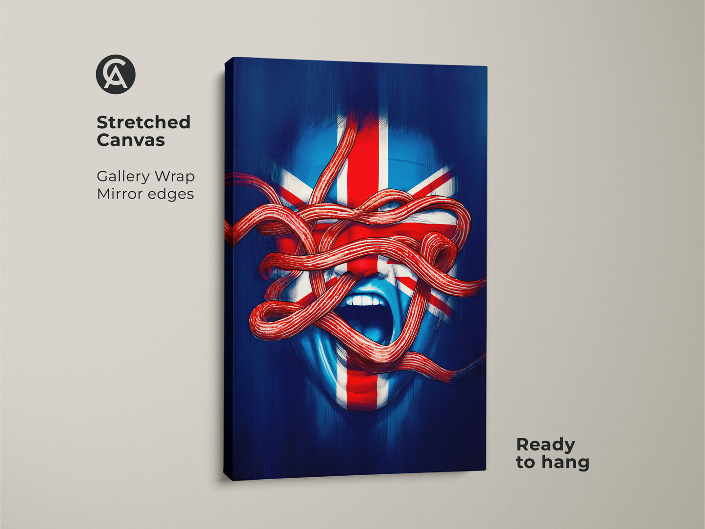 A stretched canvas print featuring Union Jack face artwork. The modern surreal British art is ready to hang. This blue red white abstract piece uses a gallery wrap with mirror edges. Buy eclectic home decor art.