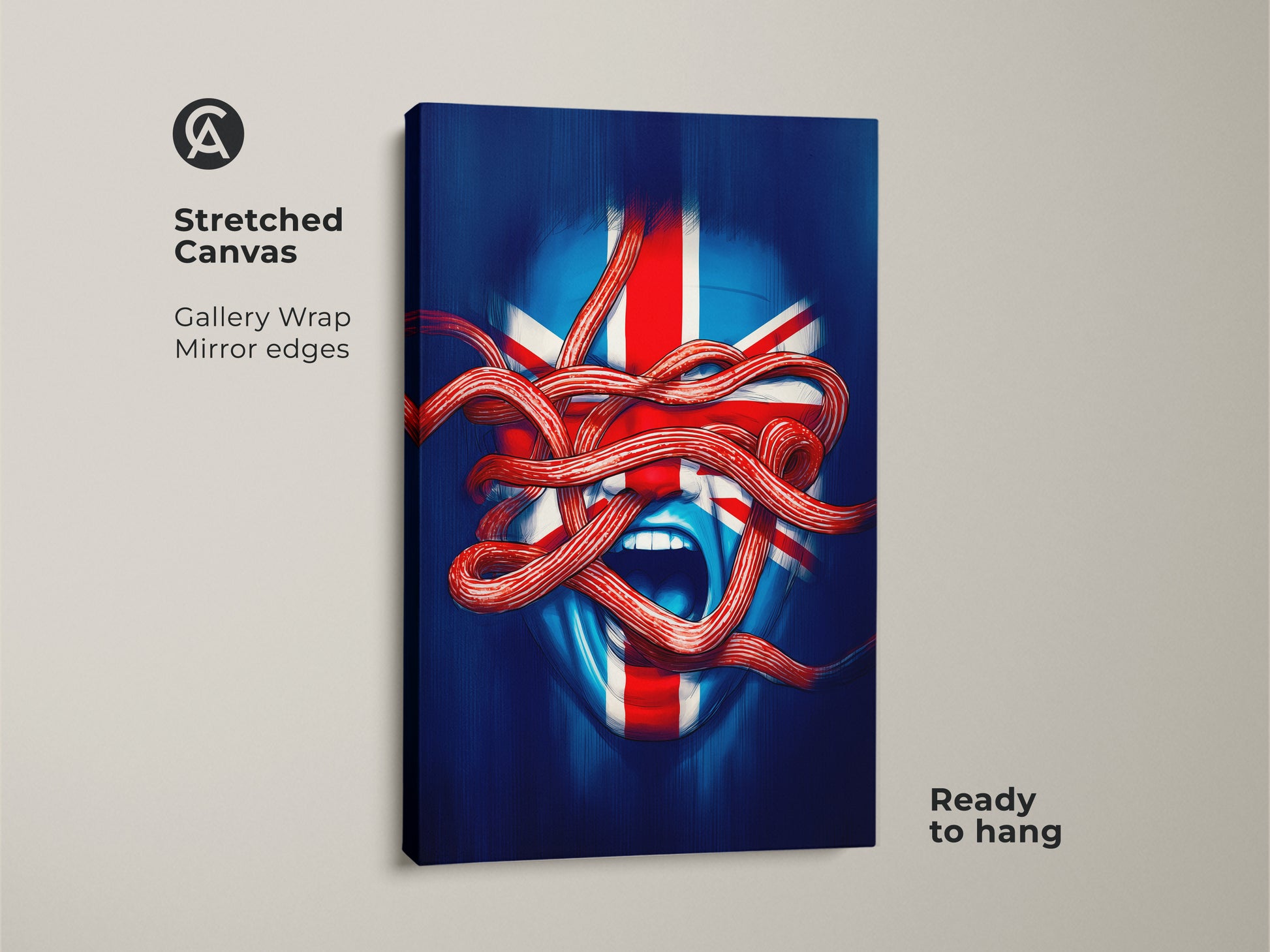 A stretched canvas print featuring Union Jack face artwork. The modern surreal British art is ready to hang. This blue red white abstract piece uses a gallery wrap with mirror edges. Buy eclectic home decor art.