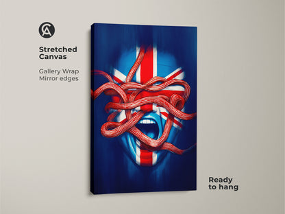 A stretched canvas print featuring Union Jack face artwork. The modern surreal British art is ready to hang. This blue red white abstract piece uses a gallery wrap with mirror edges. Buy eclectic home decor art.