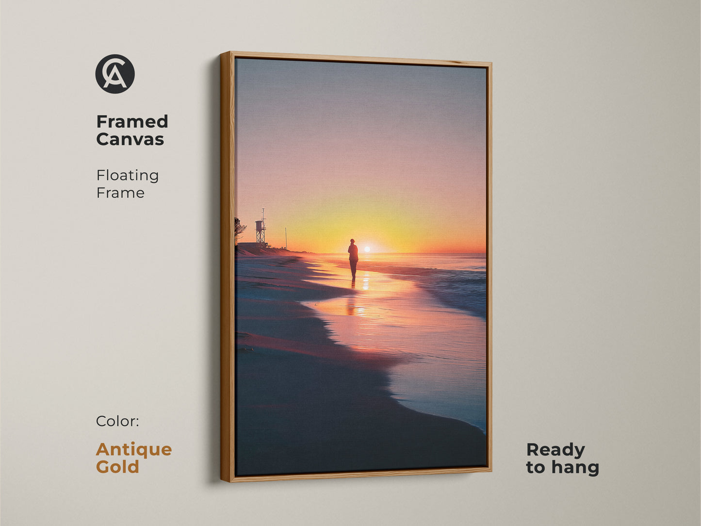 Antique gold framed canvas highlights a beach sunset landscape. A solitary walker and lifeguard tower art add coastal charm. Ready to hang this artwork enhances home decor.  The orange yellow pink art brings a warm serene touch to your space.