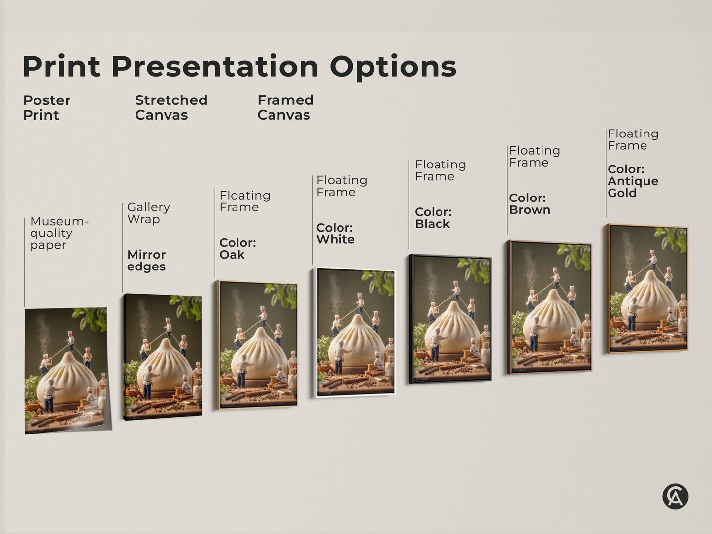 Explore print presentation options for our chef and dumpling artwork. Choose from poster prints. Select stretched canvases or framed canvases. Find the perfect style to match your taste. Each option highlights the food-themed artwork. Transform your space today.