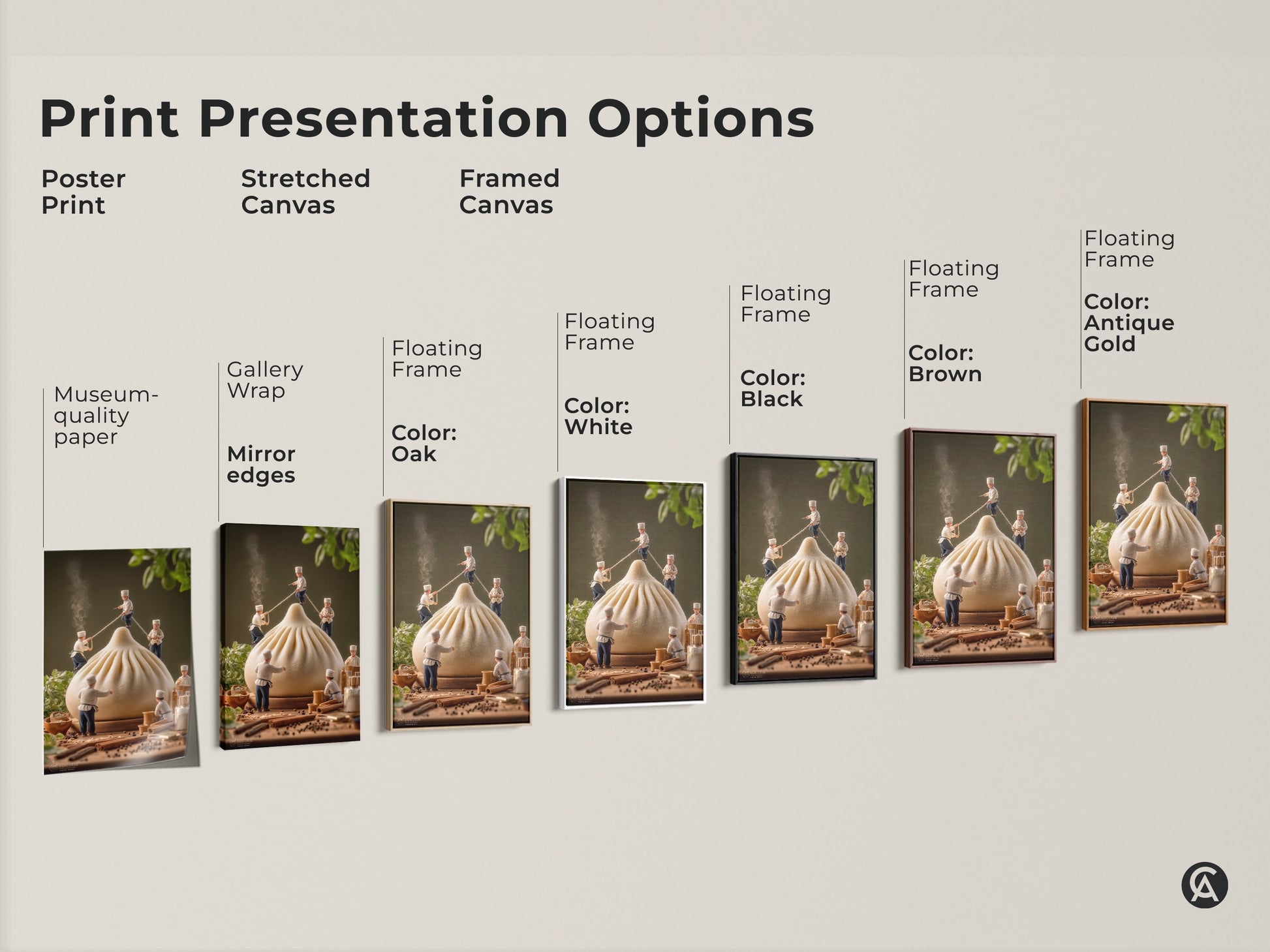 Explore print presentation options for our chef and dumpling artwork. Choose from poster prints. Select stretched canvases or framed canvases. Find the perfect style to match your taste. Each option highlights the food-themed artwork. Transform your space today.