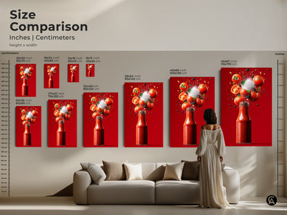 Size comparison for Tomato Ketchup Still Life artwork. See how different sizes look in a living room. Available in canvas and poster prints. Find the perfect fit for your home with our art collection today.