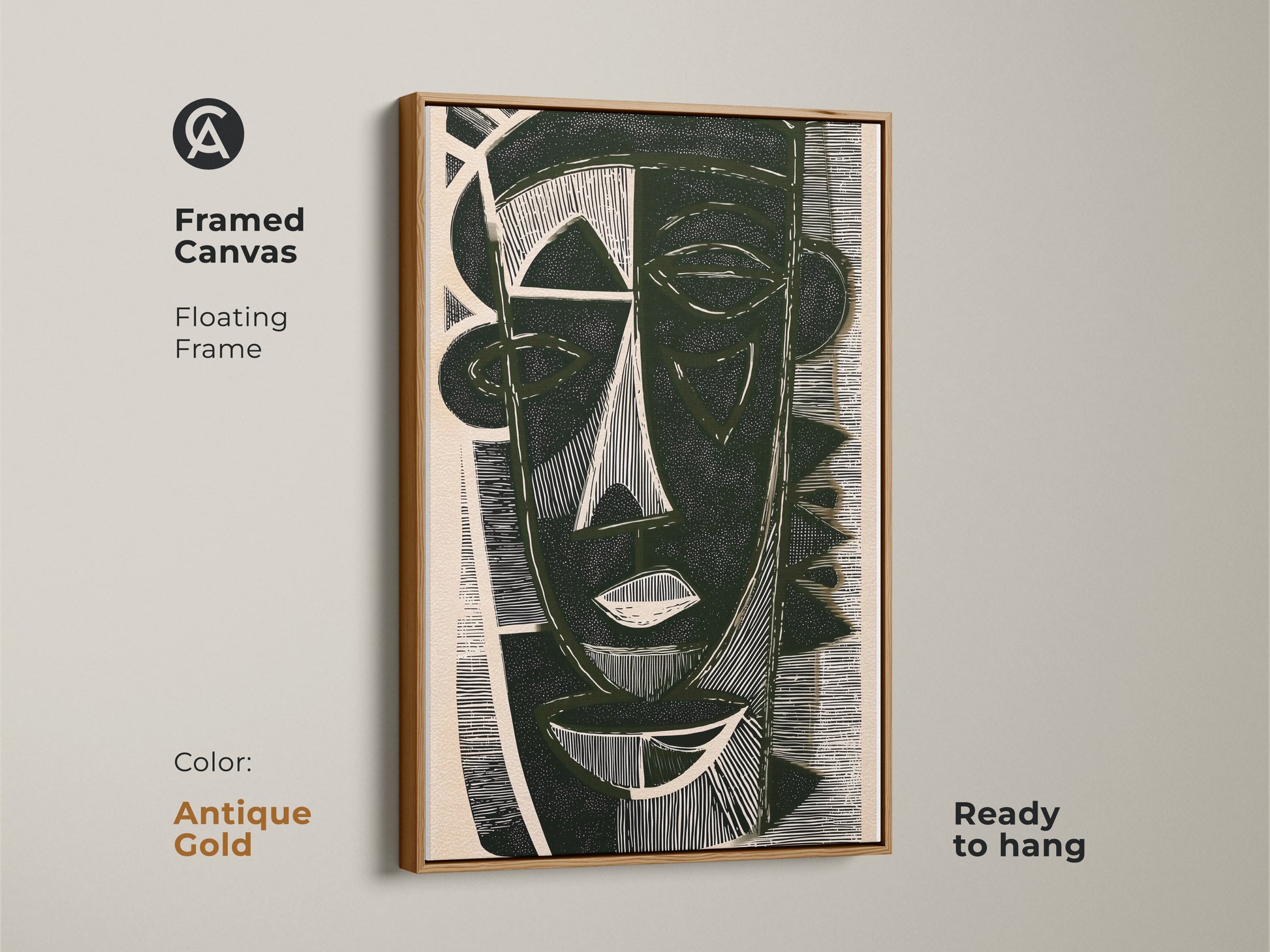 Framed canvas featuring black and cream abstract art in a linocut style with an antique gold frame. This textured abstract print is ready to hang. Perfect as a housewarming gift art.