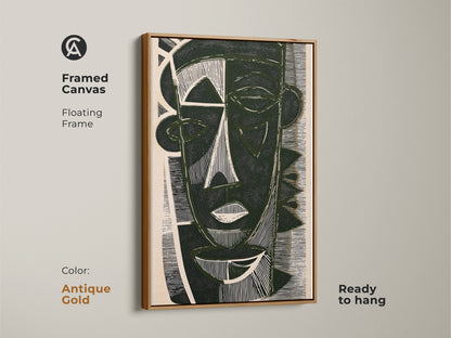 Framed canvas featuring black and cream abstract art in a linocut style with an antique gold frame. This textured abstract print is ready to hang. Perfect as a housewarming gift art.