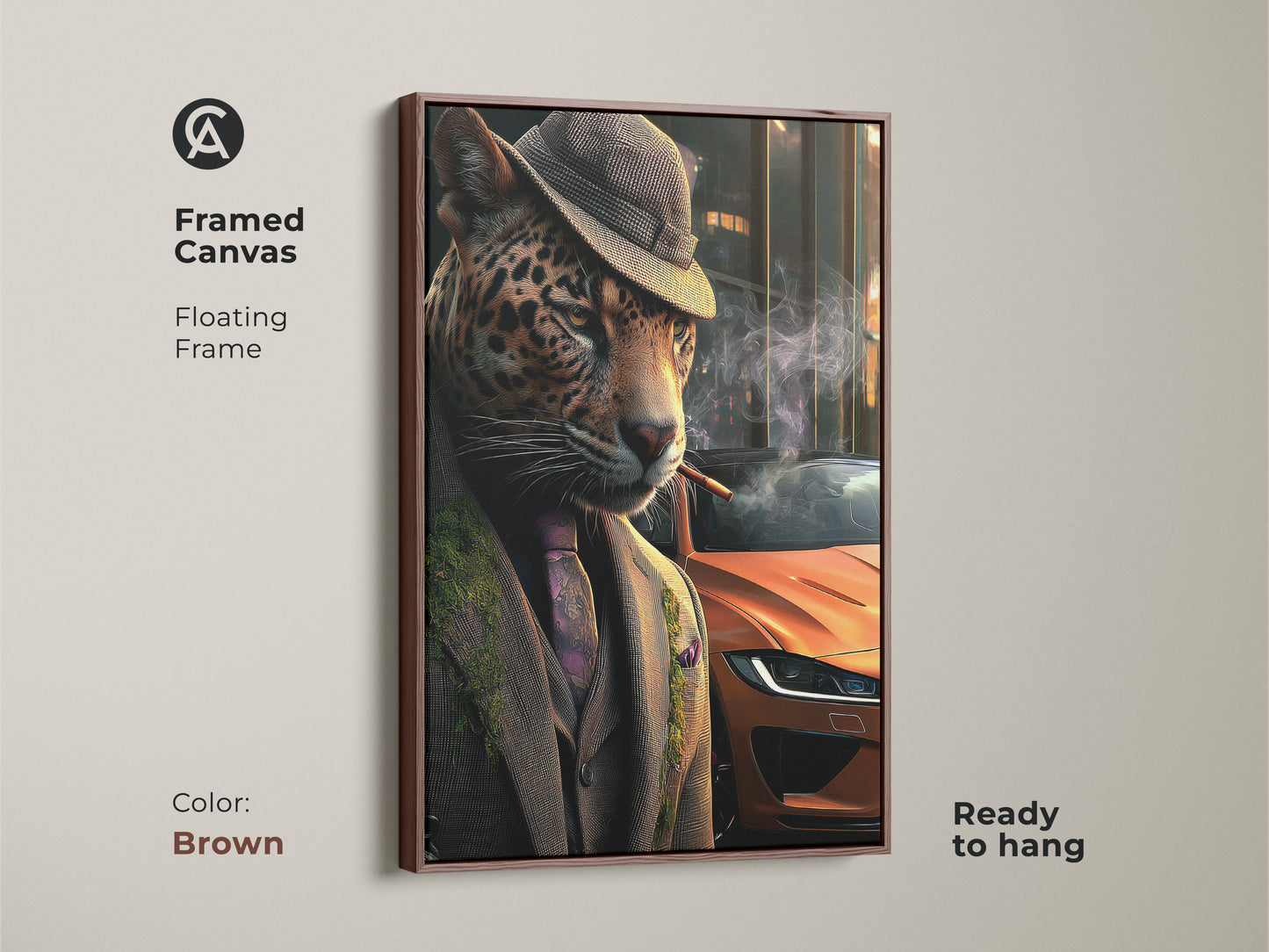 Framed canvas featuring a dapper leopard in a suit. The brown floating frame complements the artwork. It is ready to hang. Set against a vintage car backdrop this unique animal print will enhance any office or home.