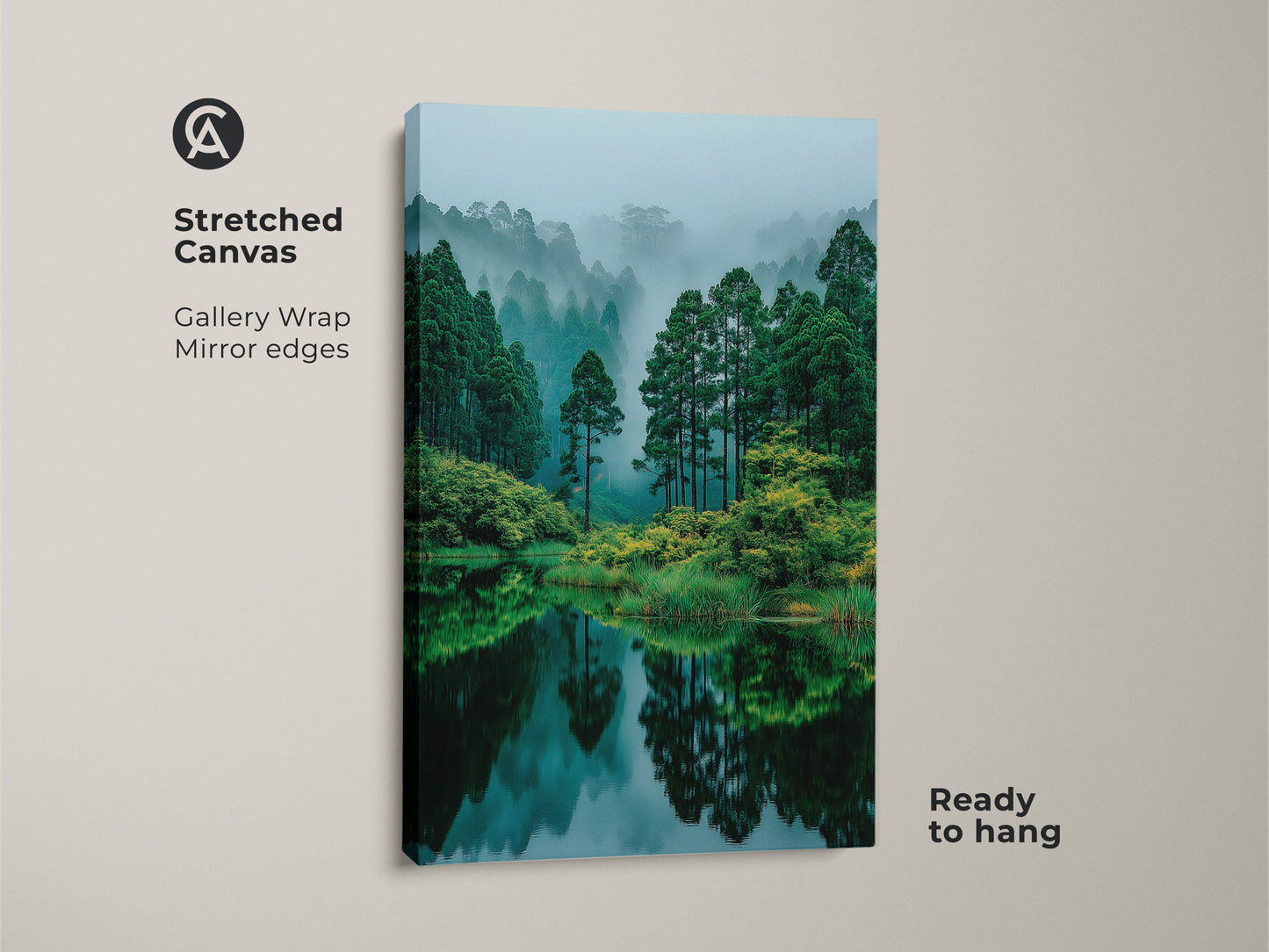 Stretched canvas showcasing a peaceful forest and lake artwork. The gallery wrap and mirror edges create a seamless look. Ready to hang this piece brings the beauty of the outdoors inside.