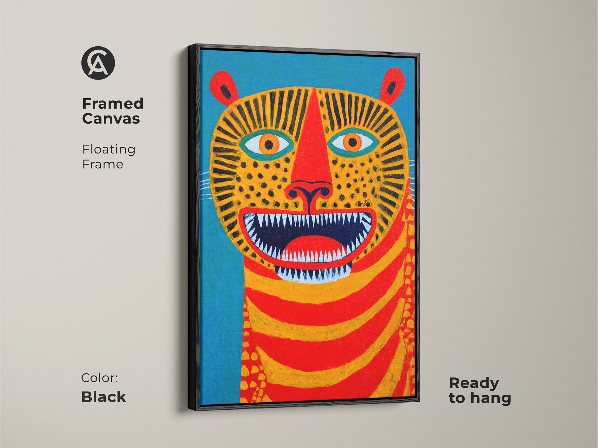 Framed folk art tiger canvas. It has a black floating frame and is ready to hang. The modern abstract animal artwork features bold colors. Ideal as a striking home office art print or living room focal point for eclectic decor.