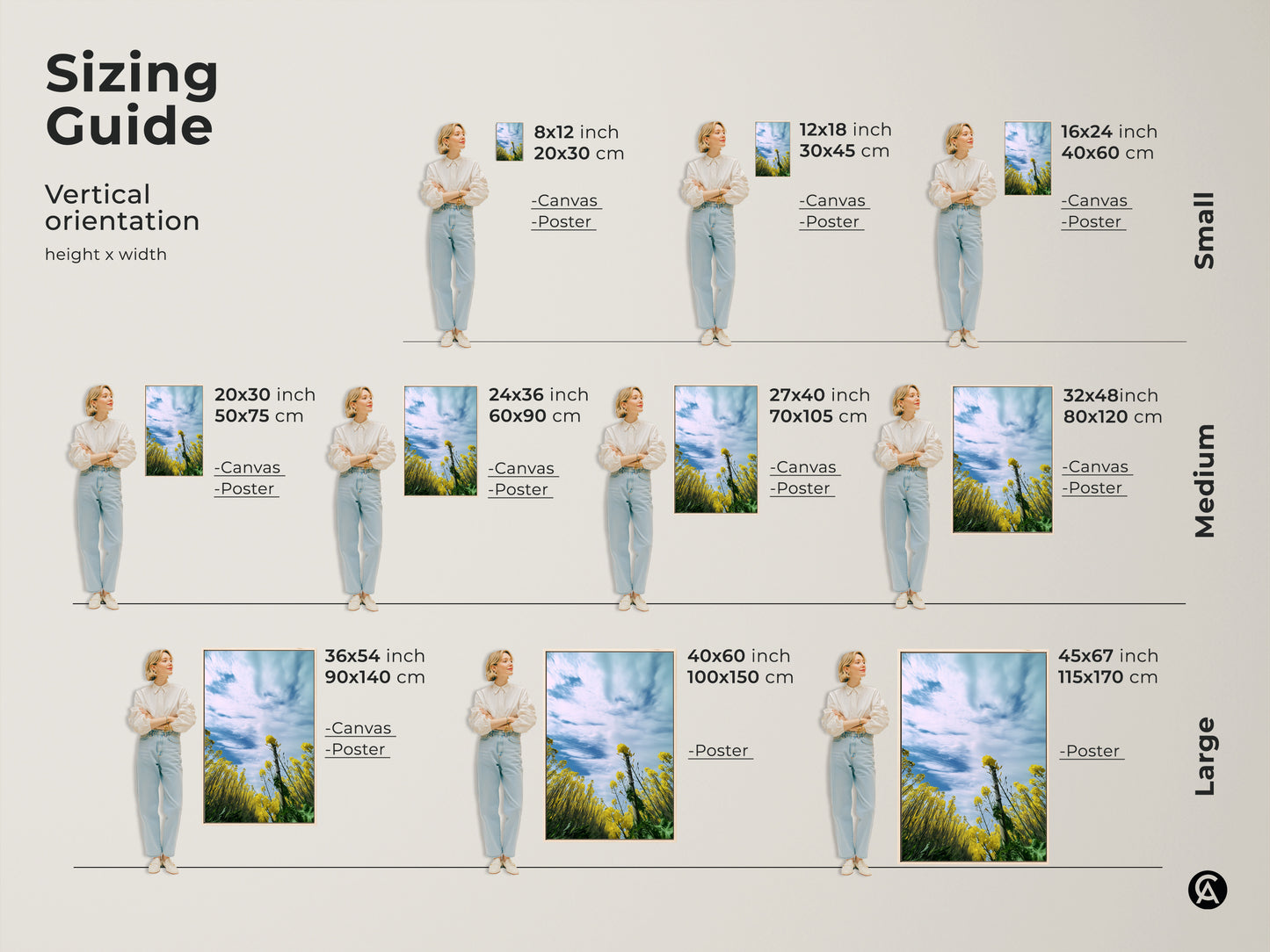 Sizing guide for vertical orientation artwork. Includes canvas and poster options in small medium and large sizes. The artwork features a yellow canola field under a blue sky. Visualize the perfect fit for your space and enhance your home decor with this beautiful spring landscape art.