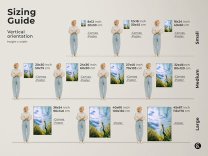 Sizing guide for vertical orientation artwork. Includes canvas and poster options in small medium and large sizes. The artwork features a yellow canola field under a blue sky. Visualize the perfect fit for your space and enhance your home decor with this beautiful spring landscape art.