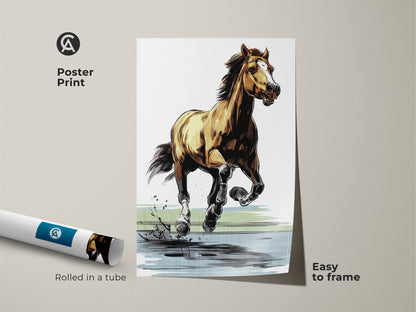 Poster print featuring a modern horse sketch. This animal wildlife art is rolled in a tube for easy framing. The brown yellow blue horse decor is a graphic art print. It is a unique gift for horse lovers. Add dynamic animal art to your bedroom or office.