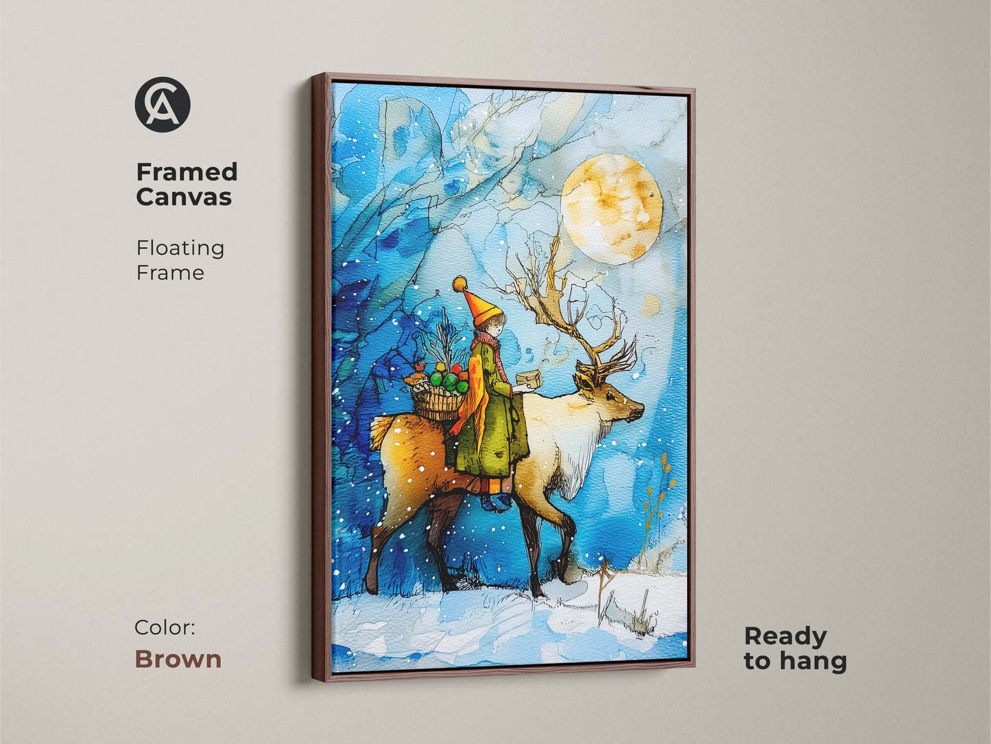 A framed canvas showcases a child on a reindeer ride beneath a full moon. The brown frame complements the blue and yellow hues of this winter wonderland wall art. Ideal christmas nursery decor is a festive gift. This magical winter scene is ready to hang.