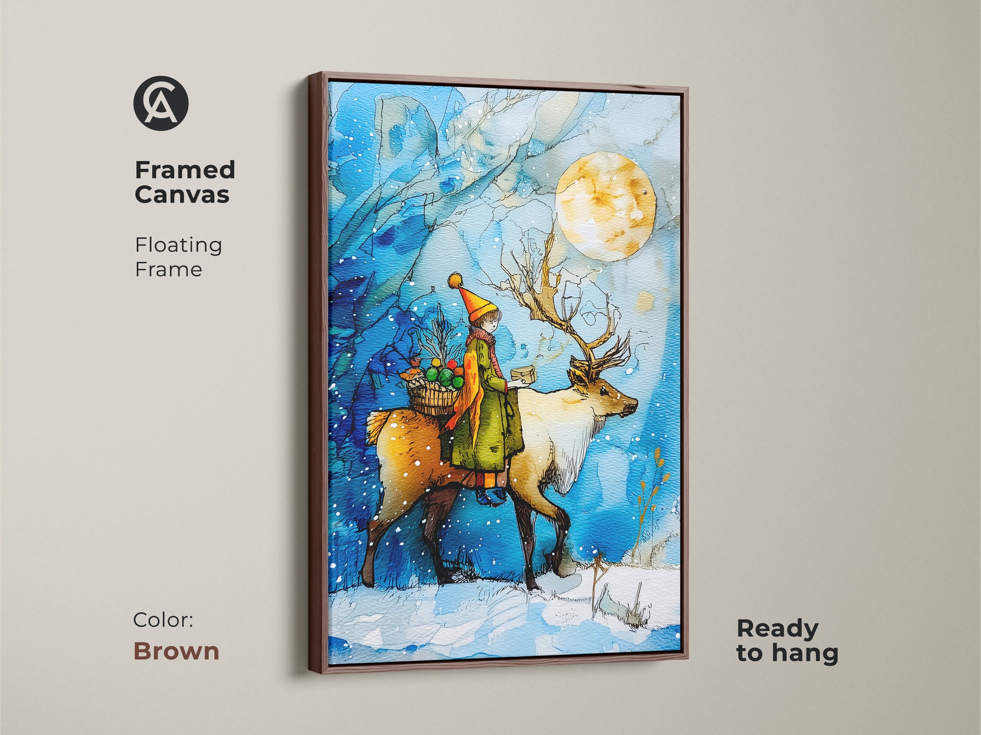 A framed canvas showcases a child on a reindeer ride beneath a full moon. The brown frame complements the blue and yellow hues of this winter wonderland wall art. Ideal christmas nursery decor is a festive gift. This magical winter scene is ready to hang.
