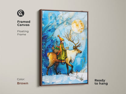 A framed canvas showcases a child on a reindeer ride beneath a full moon. The brown frame complements the blue and yellow hues of this winter wonderland wall art. Ideal christmas nursery decor is a festive gift. This magical winter scene is ready to hang.