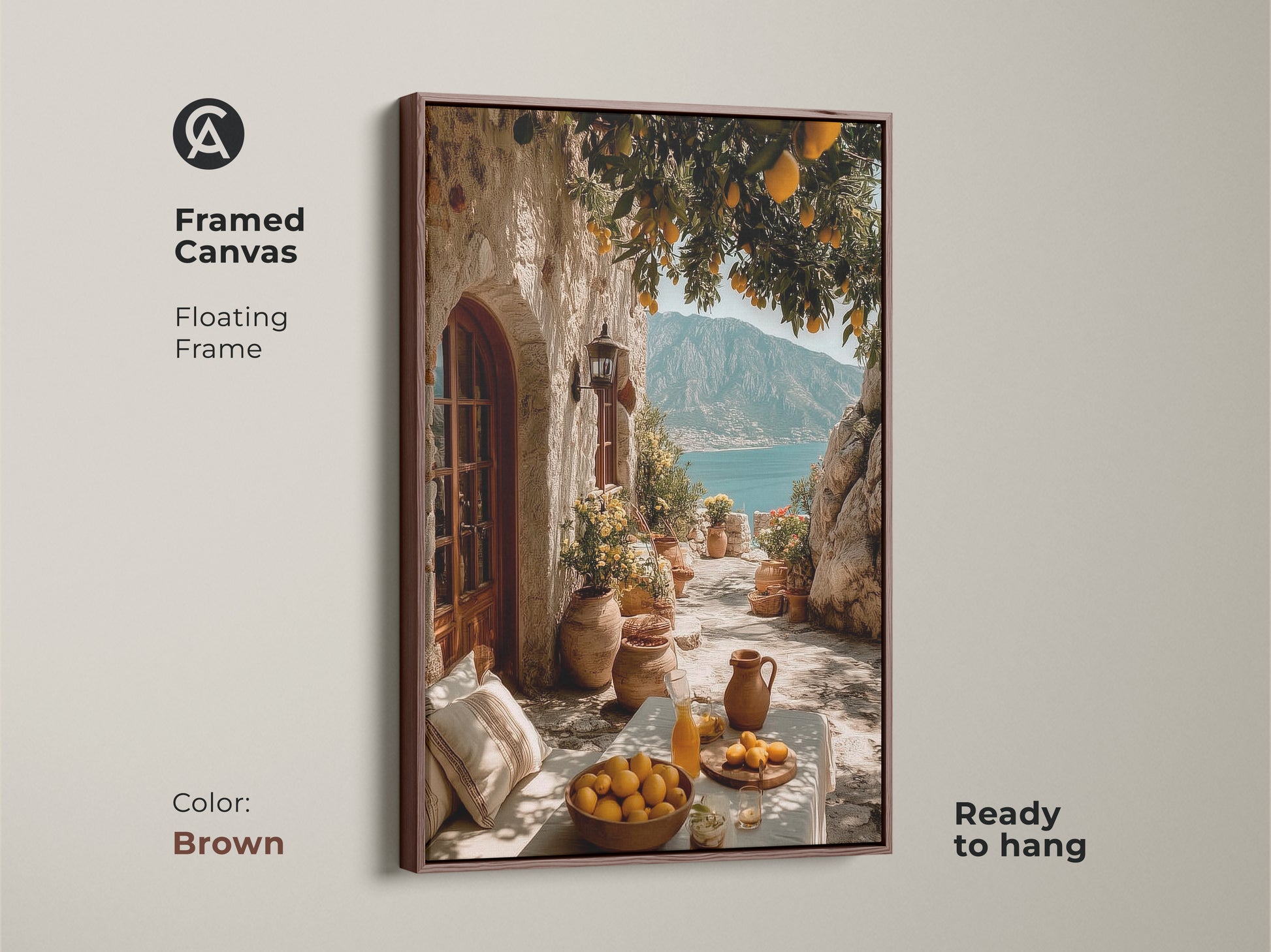 Framed Canvas print of a Mediterranean Lemon Tree in a brown floating frame. The artwork captures a coastal village scene with lemons overlooking the blue sea. Ideal vacation home art.