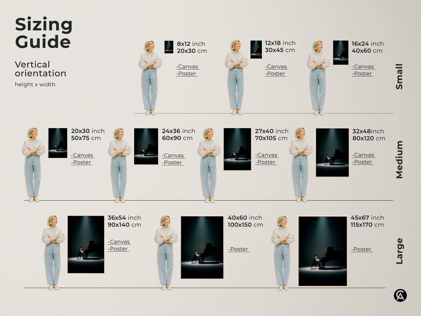 Sizing guide for vertical artwork featuring a pianist. Choose from canvas or poster prints. Find the perfect size from small to large. Enhance your space with our art today.