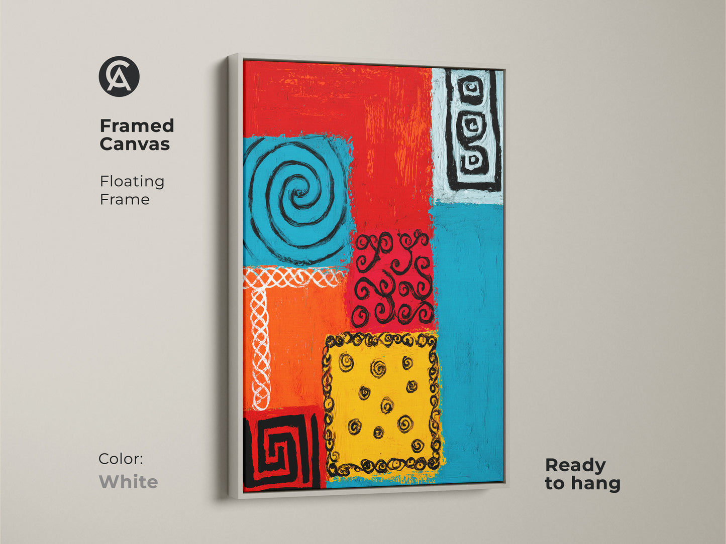 Transform your living space with this striking geometric tribal artwork. The red orange and blue abstract art is showcased on a framed canvas. With a clean white floating frame this print exudes modern elegance. Ready to hang this eclectic wall decor piece adds a fresh touch to any room.