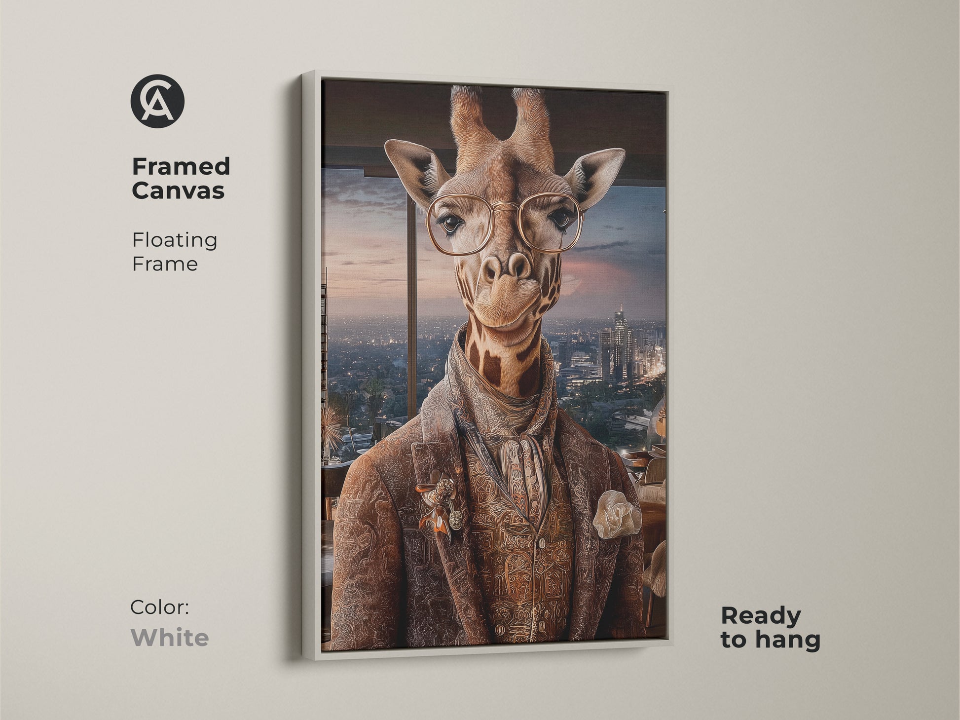 Framed canvas displays a unique giraffe portrait in a white floating frame. This animal-themed home decor is a sophisticated wall art piece. The ready to hang canvas offers a modern eclectic style.