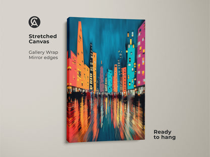 Stretched canvas showcasing a modern abstract cityscape. Teal blue and orange-pink colors bring urban nightlife to life. Gallery-wrapped with mirrored edges and ready to hang. Perfect contemporary art for modern apartments and city dwellers.