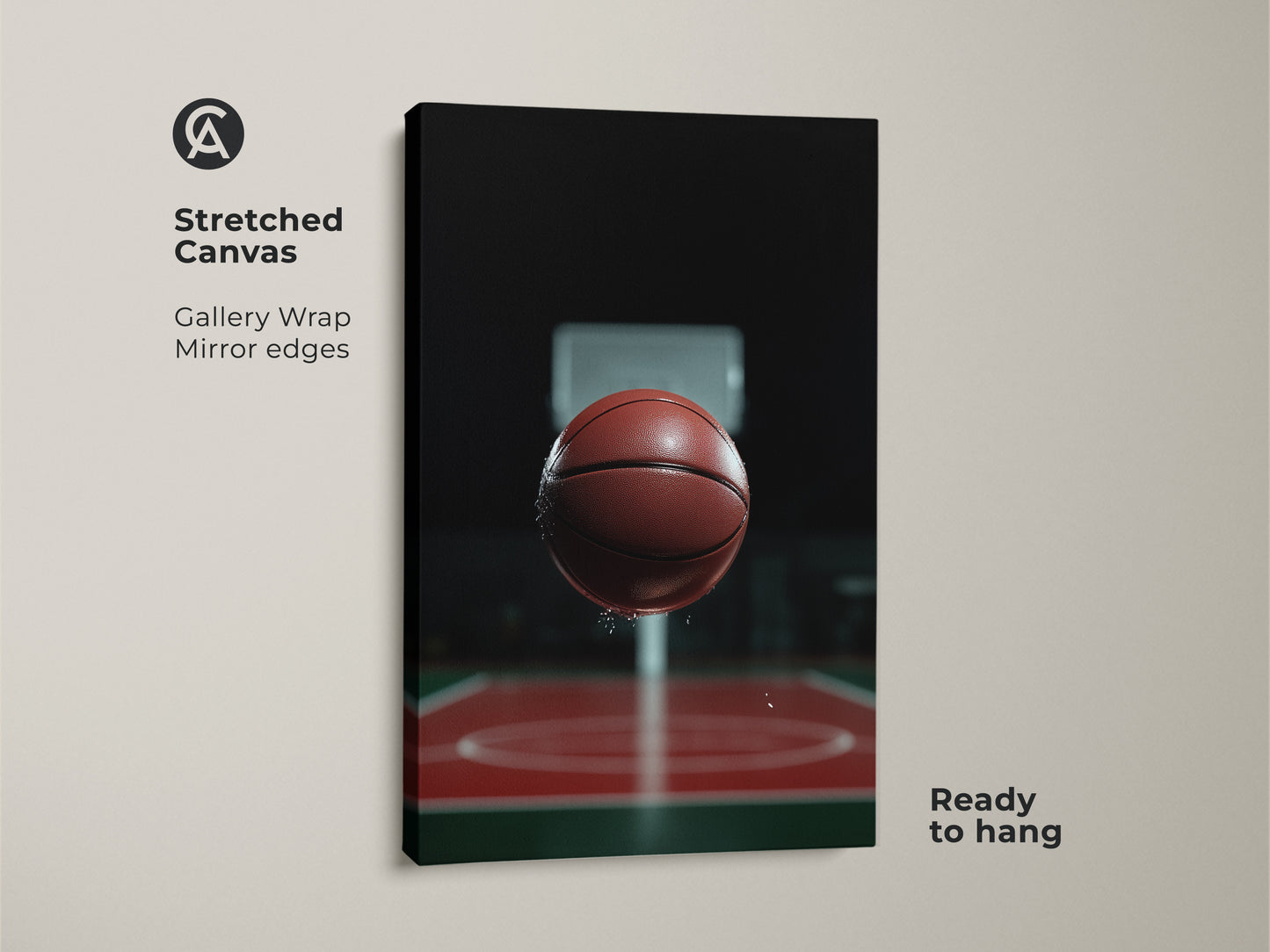 Stretched canvas print of a basketball action shot. The gallery wrap features mirrored edges. This dynamic sports canvas is ready to hang. Perfect basketball court wall art for a modern man cave or office. This artwork is a great gift for basketball fans.