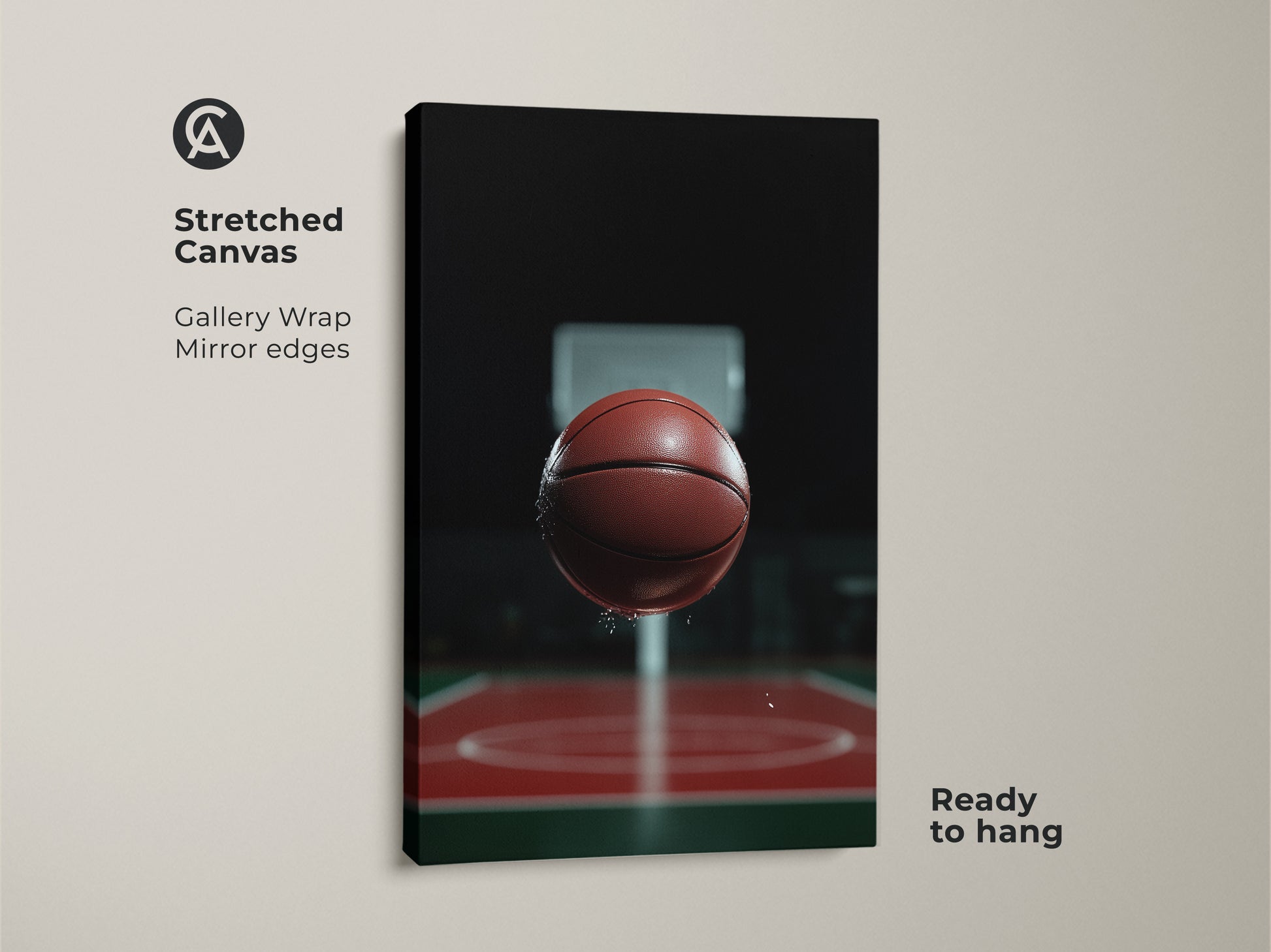 Stretched canvas print of a basketball action shot. The gallery wrap features mirrored edges. This dynamic sports canvas is ready to hang. Perfect basketball court wall art for a modern man cave or office. This artwork is a great gift for basketball fans.