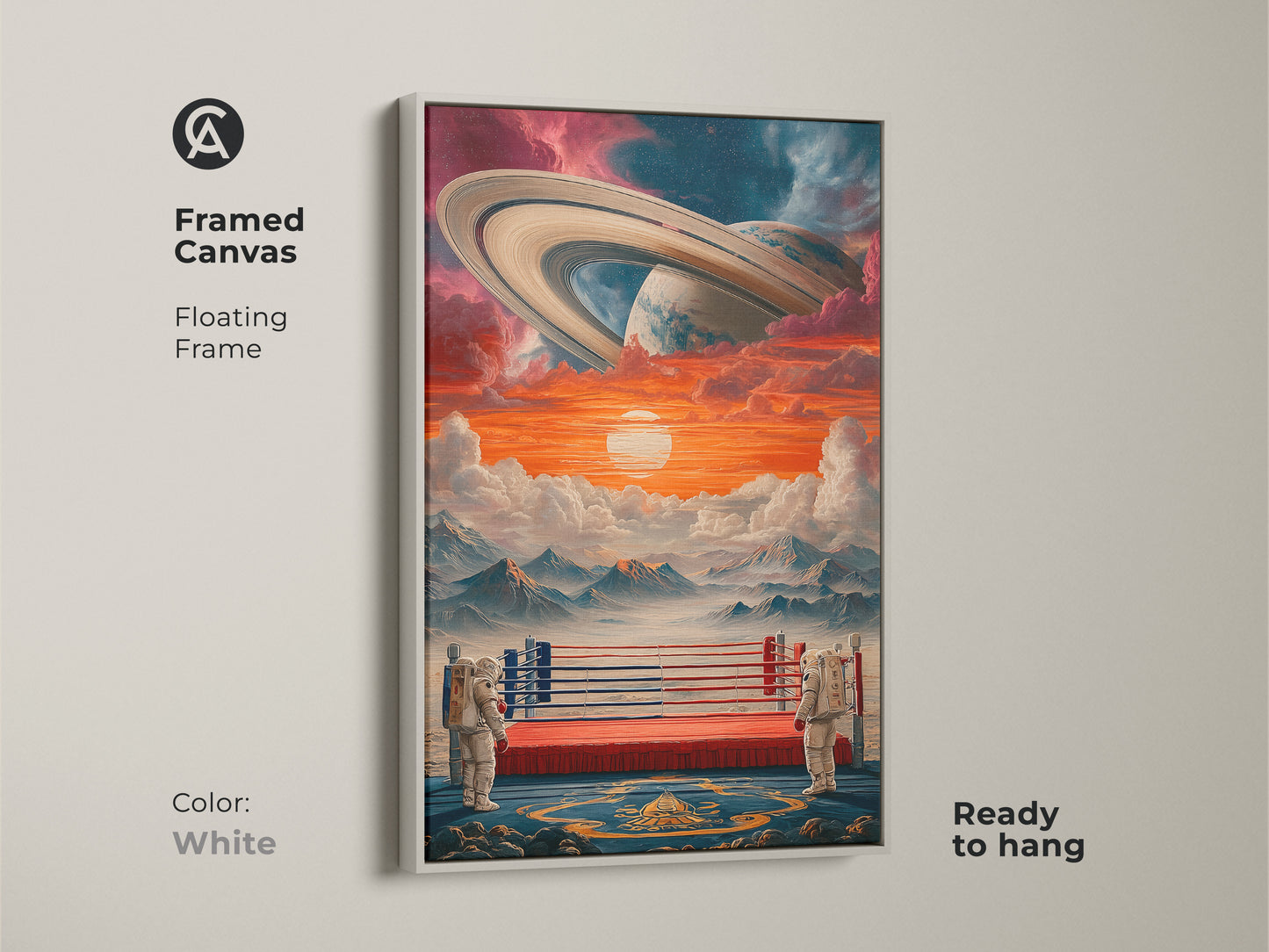 Framed canvas shows a surreal astronaut boxing ring with Saturn in an orange and blue cosmic landscape. The white floating frame complements the eclectic art. The unique space gift is ready to hang.