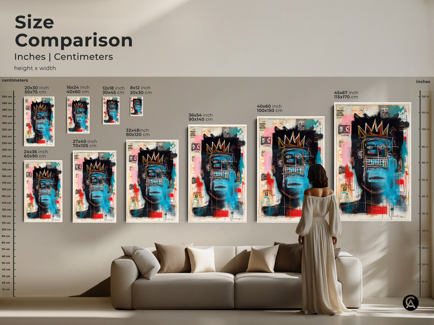 Size comparison of Basquiat-inspired artwork in inches and centimeters. The artwork is available in various sizes. See how each size complements a living space. Find the ideal dimensions for your canvas or poster. Shop now for museum-quality art prints and elevate your home decor.