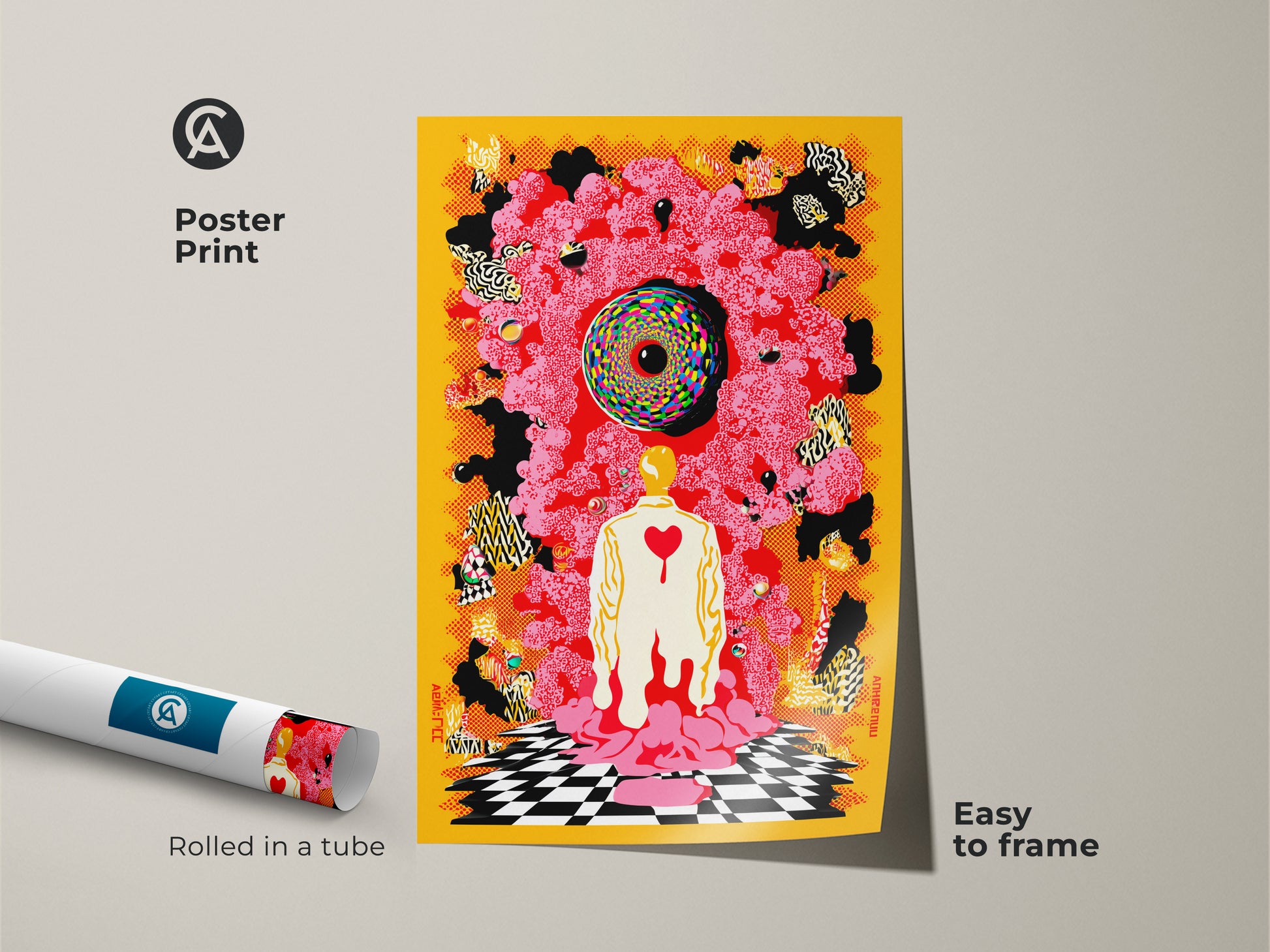 Poster print version of the striking eclectic abstract artwork. A rolled psychedelic canvas print features a surrealist human figure. The yellow red black art makes it easy to frame and is perfect for any creative space.
