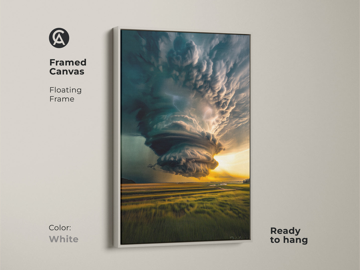 White framed canvas featuring a dramatic tornado landscape art with a floating frame. This modern wall decor piece is ready to hang. The teal and yellow nature art adds a dynamic focal point to a living room or office space. Perfect as a housewarming gift.