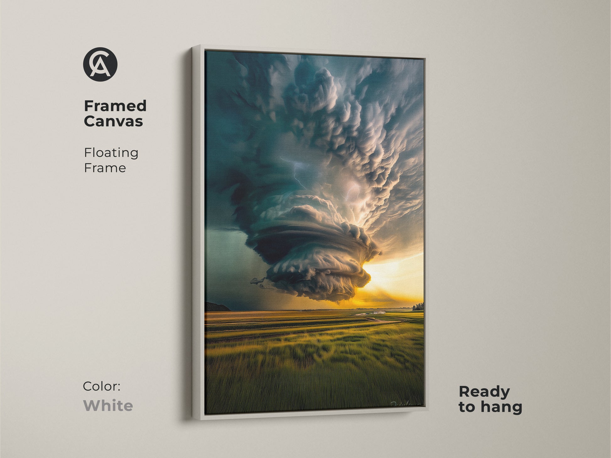White framed canvas featuring a dramatic tornado landscape art with a floating frame. This modern wall decor piece is ready to hang. The teal and yellow nature art adds a dynamic focal point to a living room or office space. Perfect as a housewarming gift.