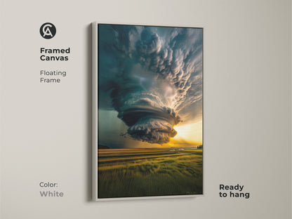 White framed canvas featuring a dramatic tornado landscape art with a floating frame. This modern wall decor piece is ready to hang. The teal and yellow nature art adds a dynamic focal point to a living room or office space. Perfect as a housewarming gift.